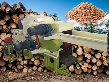 Wood chipper crushes raw materials into place